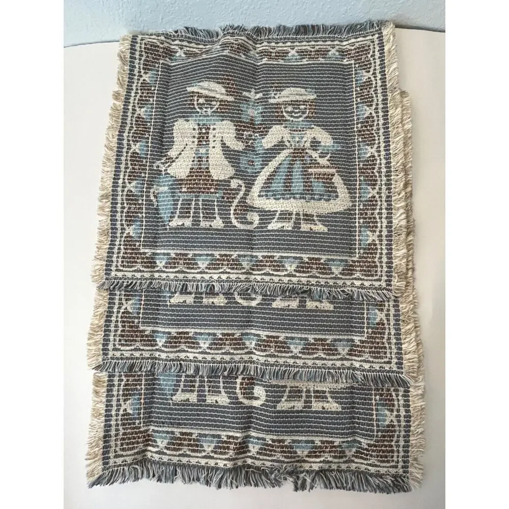 Vtg Kolf Blue Woven Tapestry Square Mats Austrian Boy Girl Linen Blend Set of 3